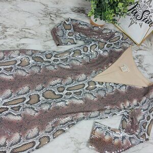 RUBBER DUCKY mini dress women's animal print sequin 3/4 sleeve brown size S